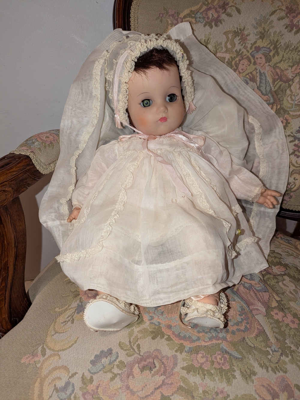 Madame Alexander Cream and Pink Vintage Doll in Lace Dress and Bonnet